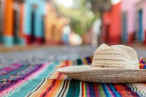 Straw Hat on Colorful Blanket in Mexico photo