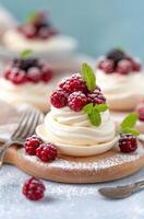Cranberry Meringue Dessert on Wooden Board photo