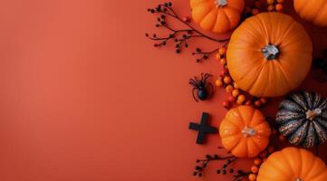 Orange Pumpkins and Black Spiders on Red Background photo