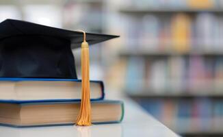 Graduation Cap on Books in Library photo