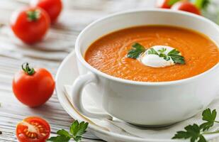 Tomato Basil Soup With Cream and Basil Garnish photo