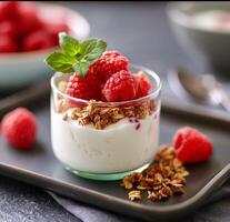 Yogurt With Granola and Raspberries photo