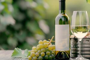 White Wine Bottle With Grapes on Table photo