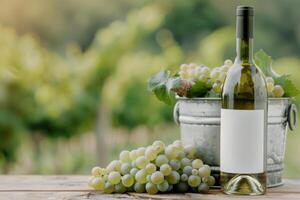 White Wine Bottle With Grapes on Table photo