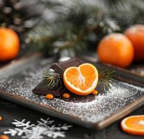 Chocolate and Tangerines With Snowfall photo