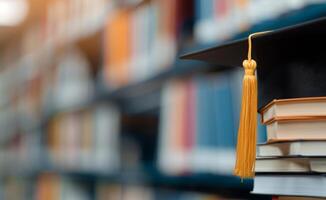 Graduation Cap on Books in Library photo