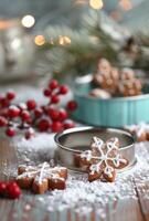 Red Berries and Cookie Cutters on Snowy Surface photo