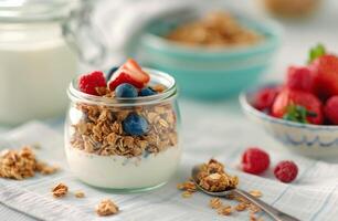 Yogurt Parfait With Granola and Raspberries photo