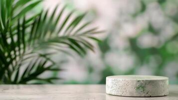 White Stone Platform With Green Plant Background photo