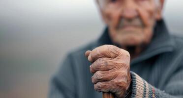 Elderly Hand Holding Walking Stick photo