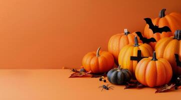Halloween Pumpkins and Bats on Orange Background photo