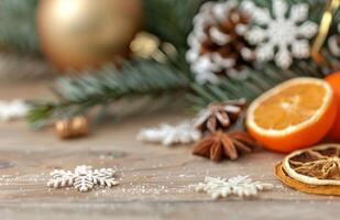Gold Christmas Ornaments With Snow and Pine photo