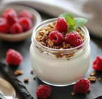 Yogurt With Granola and Raspberries photo