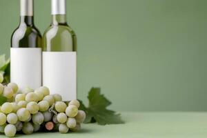 Green Grapes and Cork on Wooden Table photo