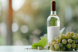 Green Grapes and Cork on Wooden Table photo