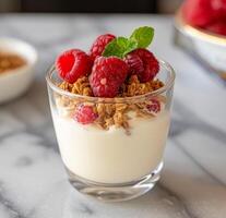 Yogurt Parfait With Granola and Raspberries photo