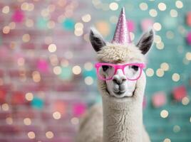 Alpaca Wearing Party Hat And Glasses photo