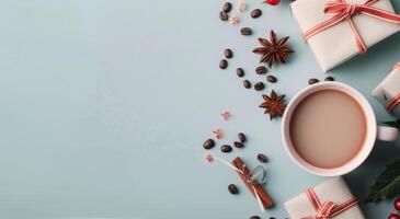 Coffee and Gifts on Blue Background photo