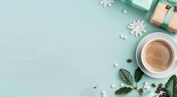 Coffee and Gifts on Blue Background photo
