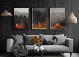 Modern Living Room With Fall Landscape Artwork photo