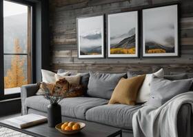 Modern Living Room With Fall Landscape Artwork photo