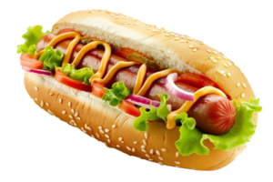 Delicious Hot Dog with Mustard, Tomato, Onion and Lettuce png