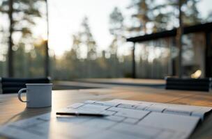 Modern Home Architectural Plans With Coffee photo