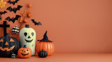 Halloween Pumpkins and Bats on Orange Background photo