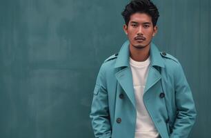 Man in Teal Trench Coat Standing in Front of a Wall photo