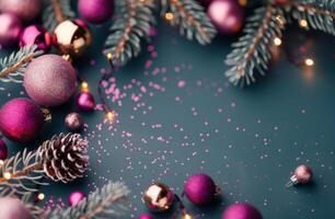 Christmas Ornaments and Pine Branches on Blue Background photo