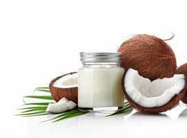 Coconut Oil and Fresh Coconut on White Background photo