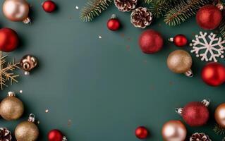 Christmas Ornaments on Green Background photo