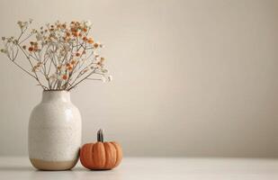Dried Flowers and Pumpkin on Table photo