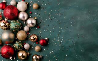 Christmas Ornaments on Green Background photo