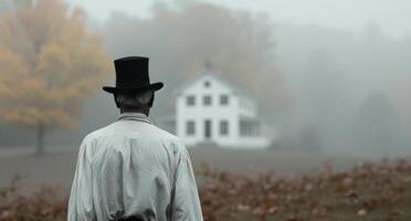 Man Walking Towards House in Fog photo