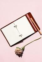 Open notebook with blank pages, pen and dried flower. Creativity and writing concept. photo
