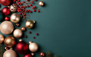 Christmas Ornaments on Green Background photo