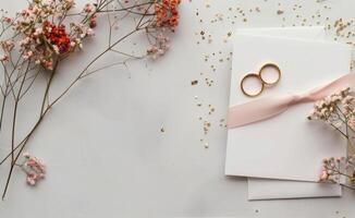 Wedding Invitation With Rings and Flowers photo
