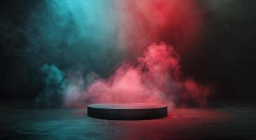 Round Platform In Fog With Red And Blue Lighting photo