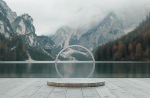 Circular Platform in Front of Mountains photo