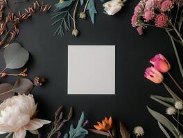White Card With Floral Border on Black Background photo