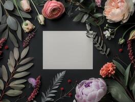 White Card With Floral Border on Black Background photo