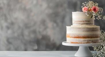 Three-Tiered Wedding Cake With Flowers photo