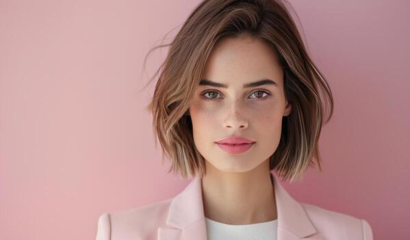 mujer sonriente en rosado chaqueta de sport en contra un azul pared foto