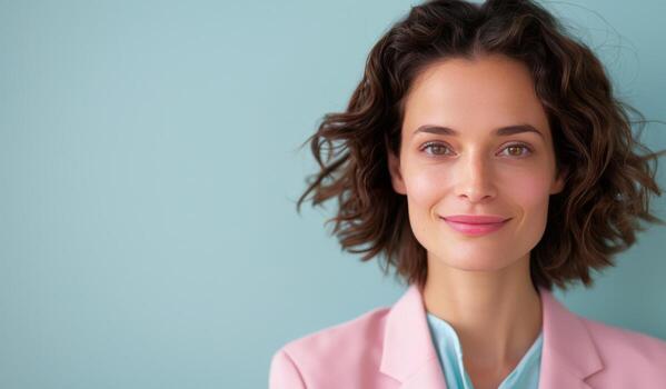 mujer sonriente en rosado chaqueta de sport en contra un azul pared foto