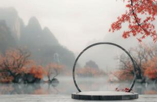 Wooden Platform With Circular Frame in Misty Mountain Landscape photo