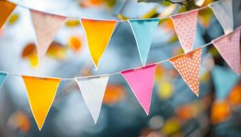 Colorful Bunting Flags Hanging in Tree photo
