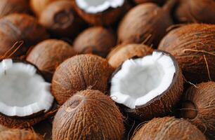 Close-Up of Coconuts on Palm Leaves photo