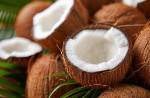Close-Up of Coconuts on Palm Leaves photo