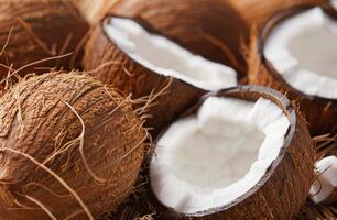 Close-Up of Coconuts on Palm Leaves photo